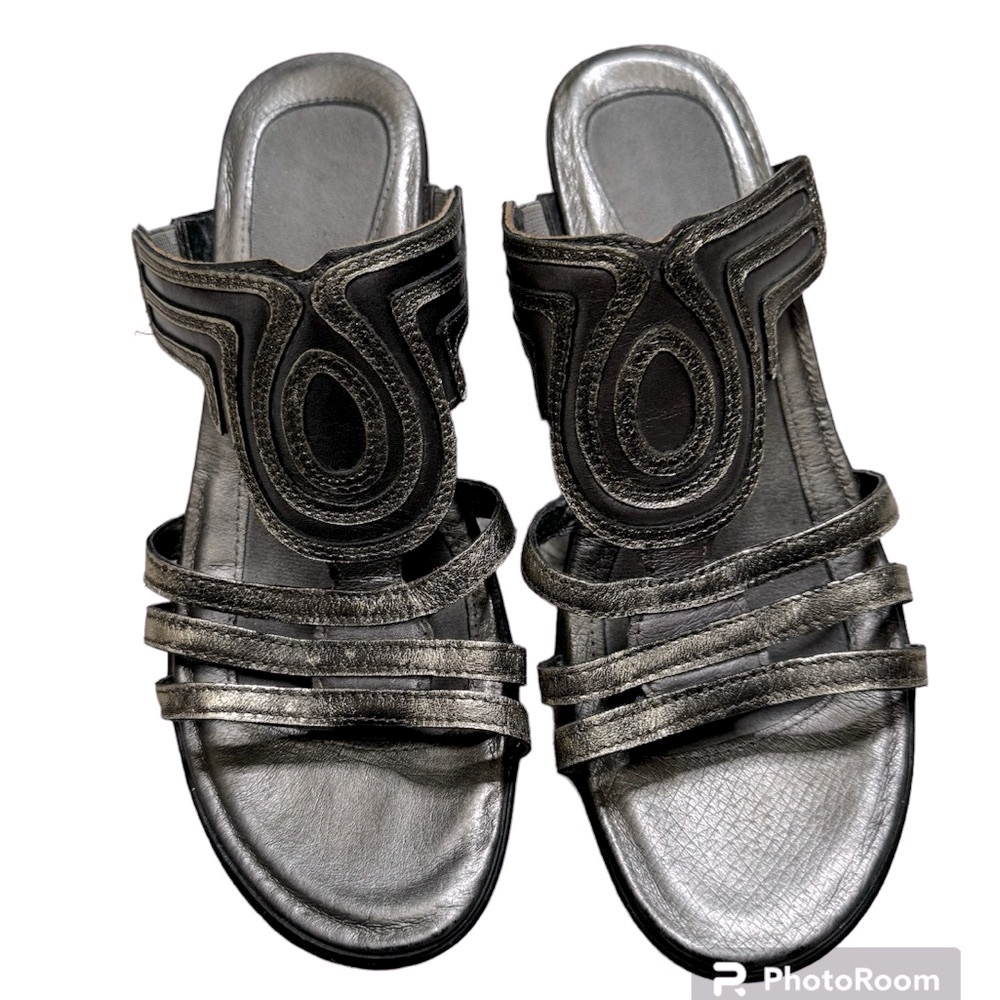 Naot Enchant Pewter & Gold Leather Slip On Platform Wedge Sandals Size 39 8-8.5